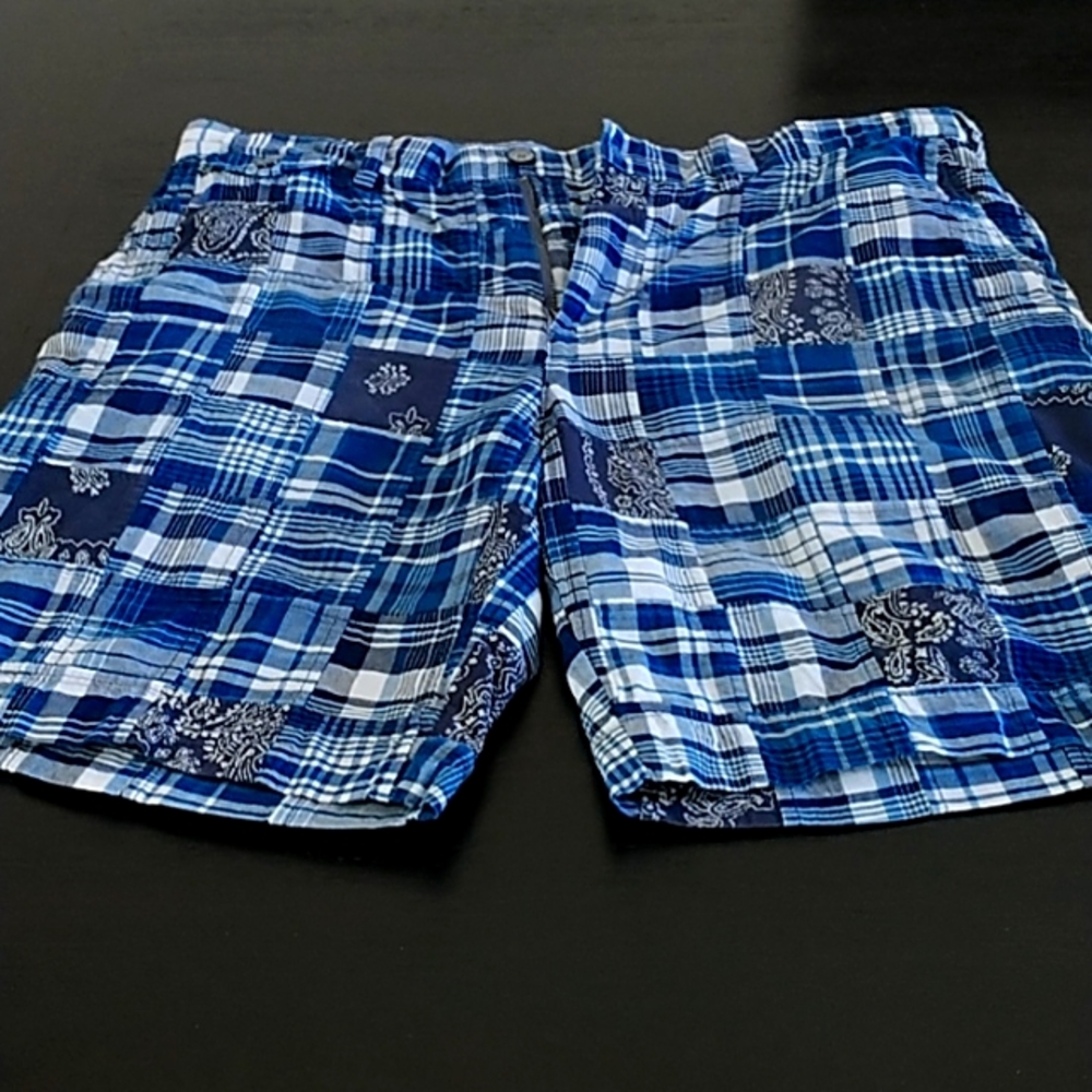 Ralph Lauren Polo Authentic India Madras Men's shorts in different blue hues.